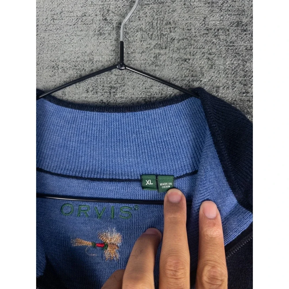 Orvis Pullover Sweater Mens XL Navy Knit‎ 100% Merino Wool Q Zip Casual